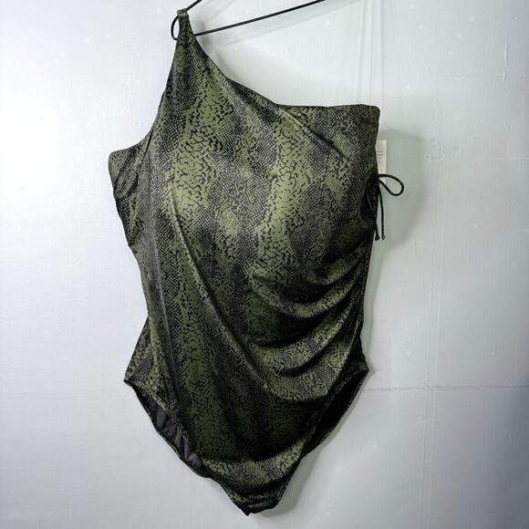Cacique One Shoulder Lightly Lined One Piece Swimsuit Green Snake Print Size 36 - Picture 1 of 12